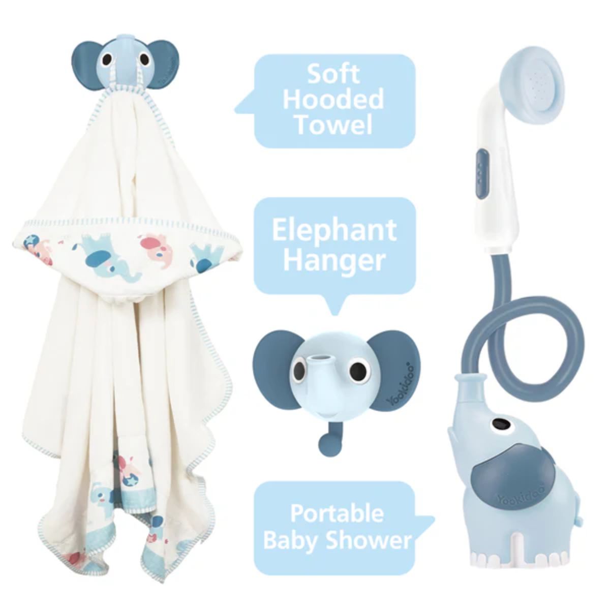 Yookidoo Bath Set Elephant Baby Shower 0-24M - Cloudy Blue - Portable Baby Shower System